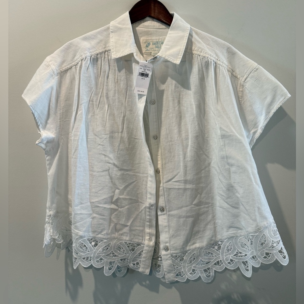 American Eagle Outfitters White Button Down Shirt with Lace Hem Size M